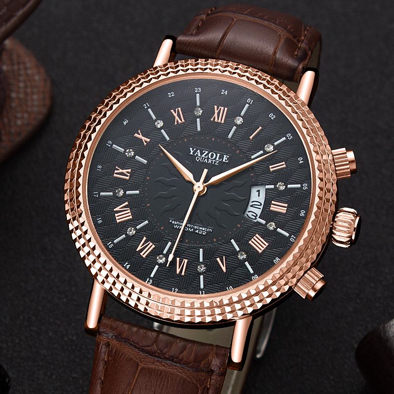 Läderrem Romerska Siffror Crystal Dial Mode Män Vattentät Quartz Watch