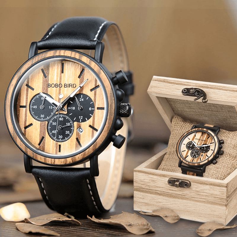 Män Casual Wooden Date Display Armbandsur Quartz Watch With Box