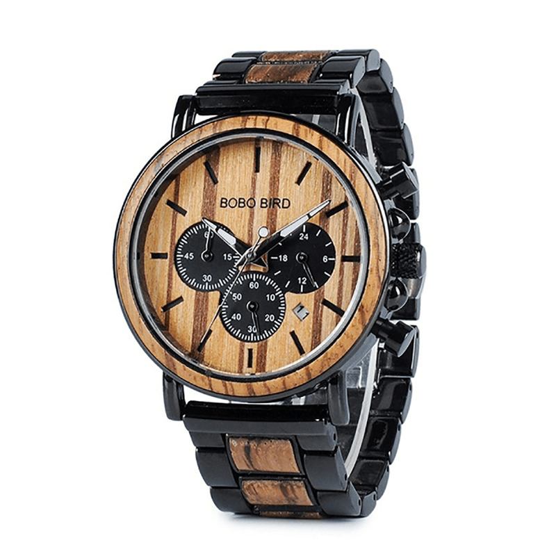 Män Casual Wooden Date Display Armbandsur Quartz Watch With Box