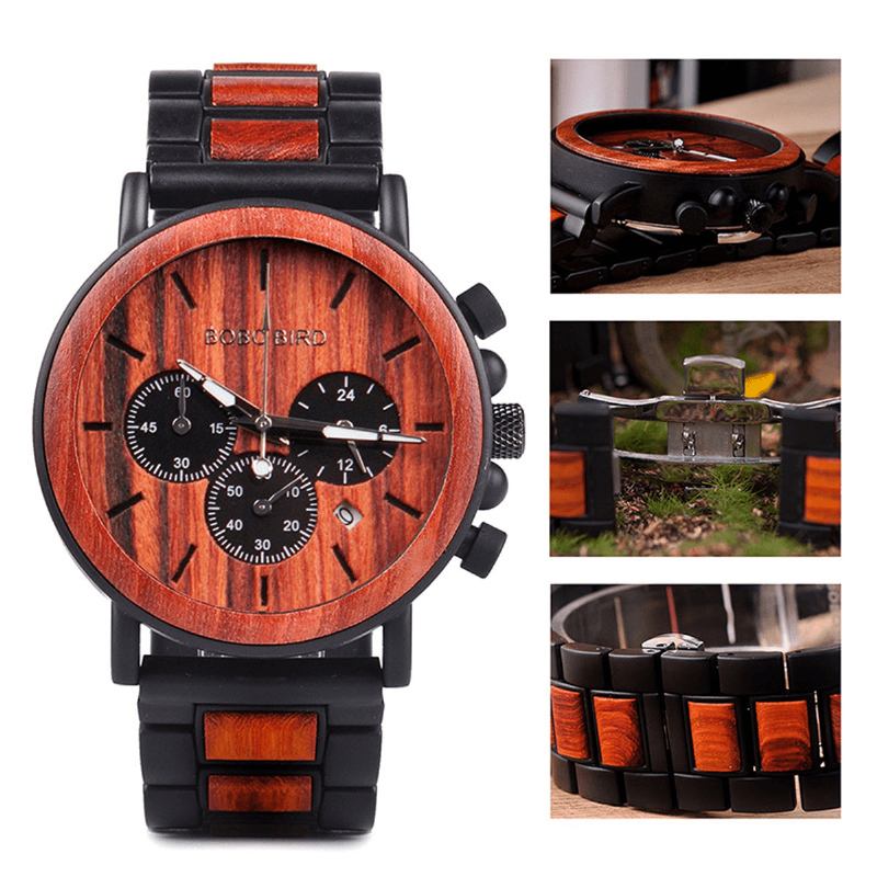 Män Casual Wooden Date Display Armbandsur Quartz Watch With Box