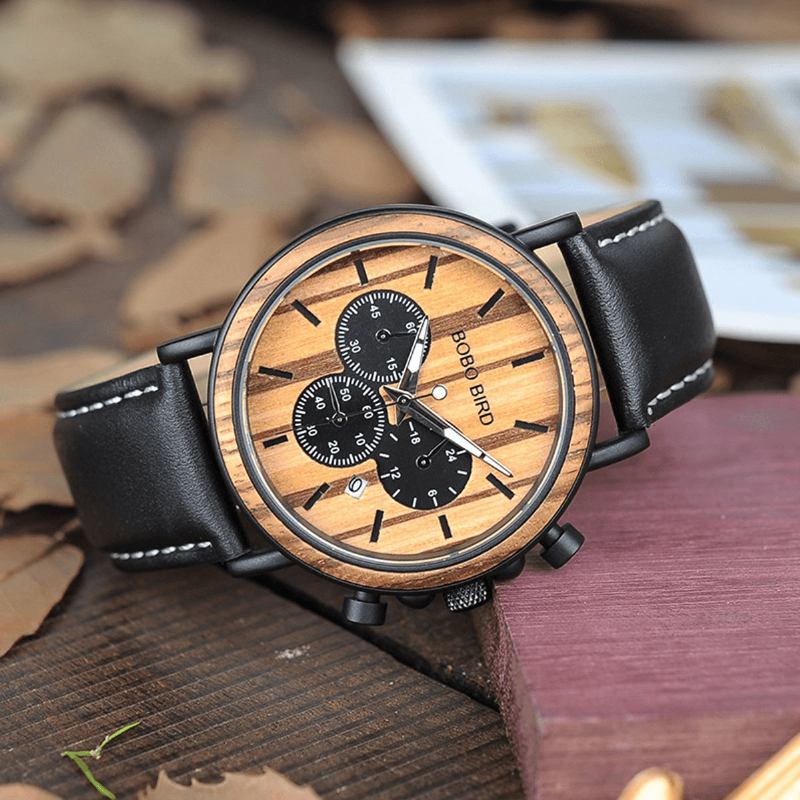 Män Casual Wooden Date Display Armbandsur Quartz Watch With Box