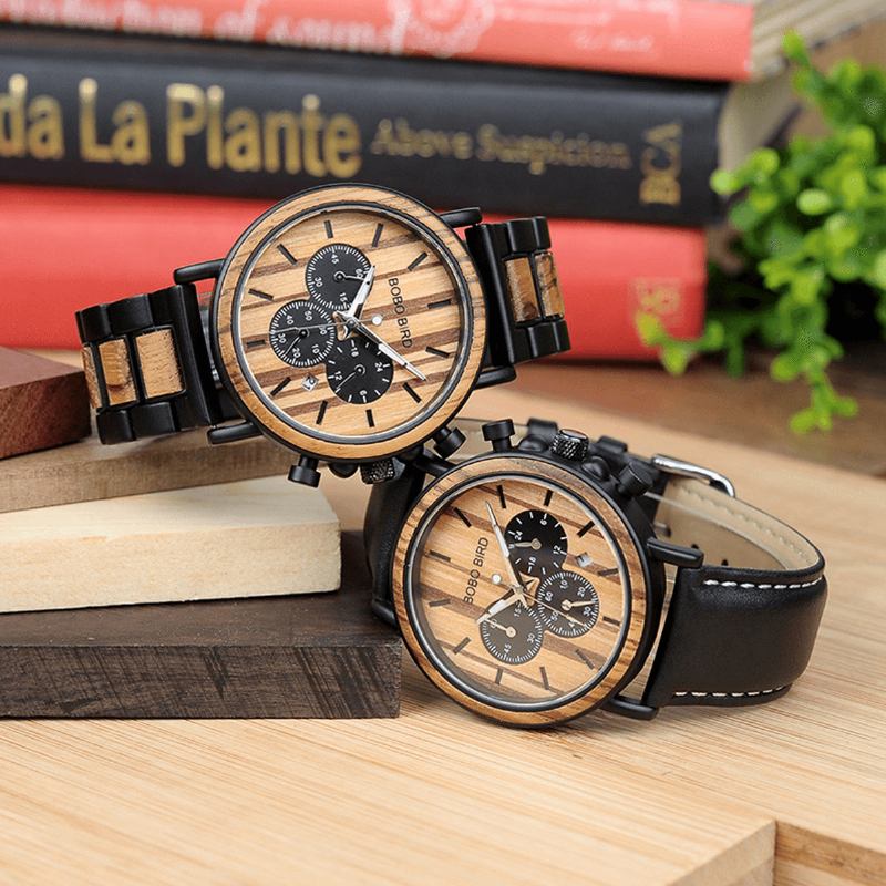 Män Casual Wooden Date Display Armbandsur Quartz Watch With Box