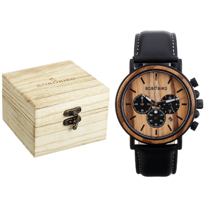 Män Casual Wooden Date Display Armbandsur Quartz Watch With Box