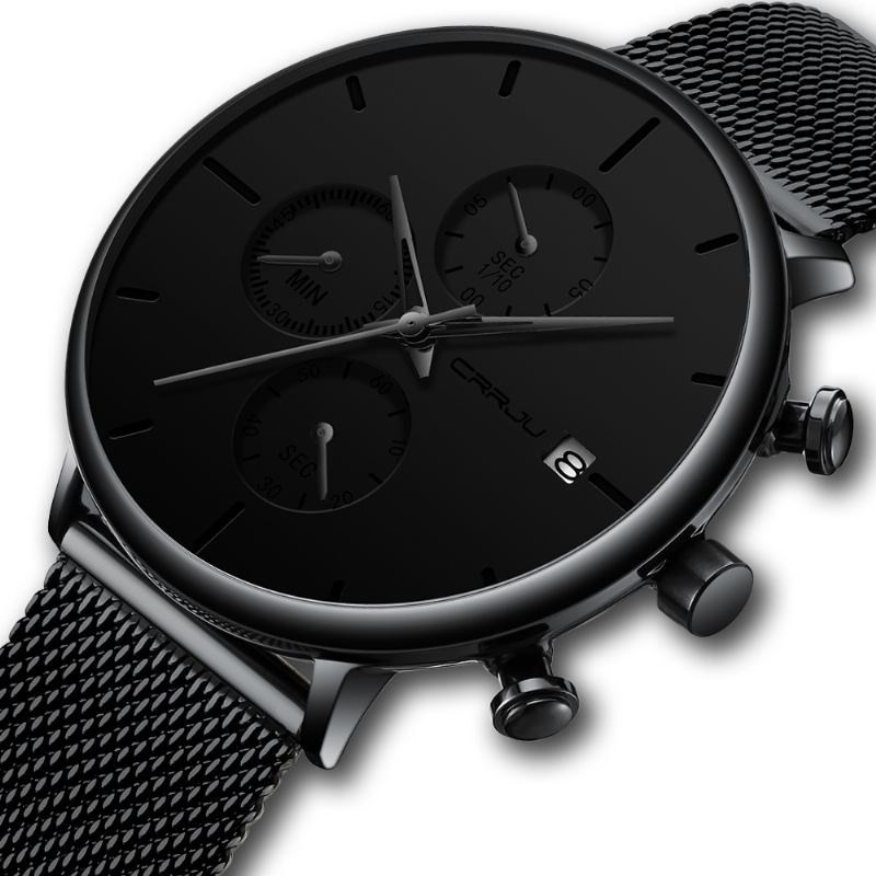 Män Full Mesh Stålband Mode Nål Dial Design Kalender Quartz Watch