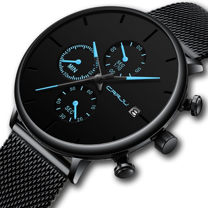 Män Full Mesh Stålband Mode Nål Dial Design Kalender Quartz Watch