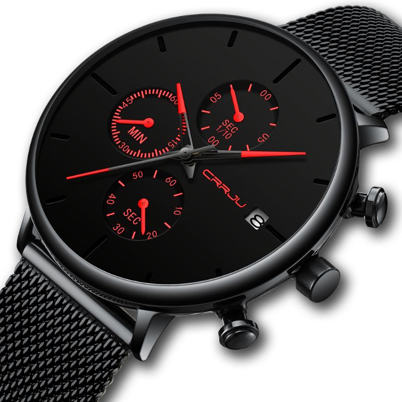 Män Full Mesh Stålband Mode Nål Dial Design Kalender Quartz Watch