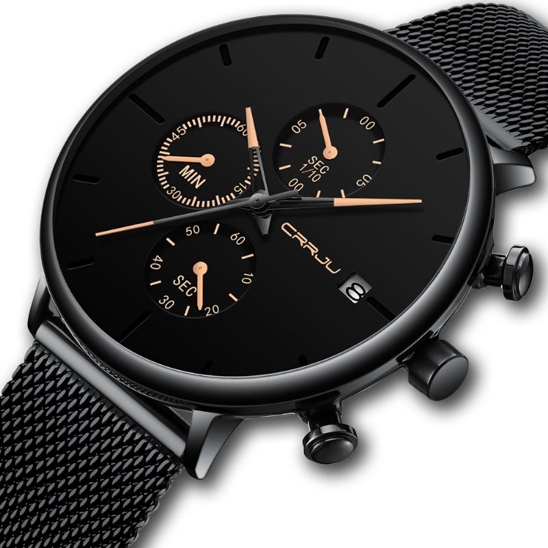 Män Full Mesh Stålband Mode Nål Dial Design Kalender Quartz Watch