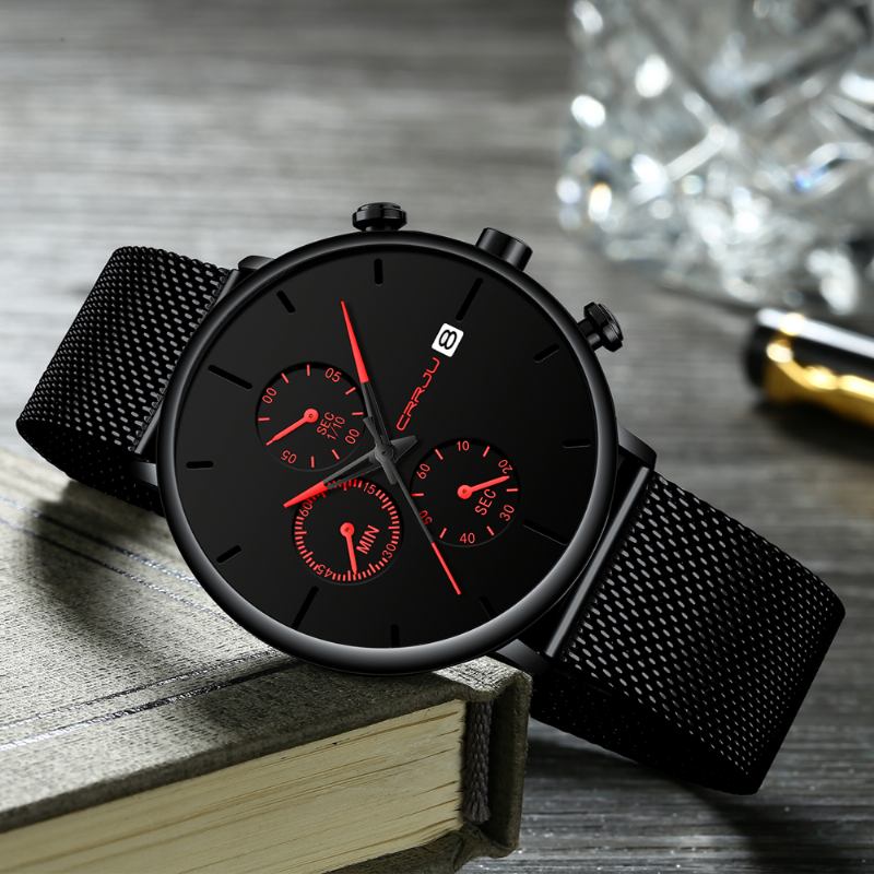 Män Full Mesh Stålband Mode Nål Dial Design Kalender Quartz Watch