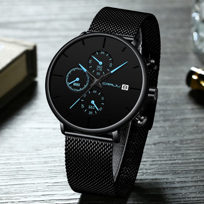 Män Full Mesh Stålband Mode Nål Dial Design Kalender Quartz Watch