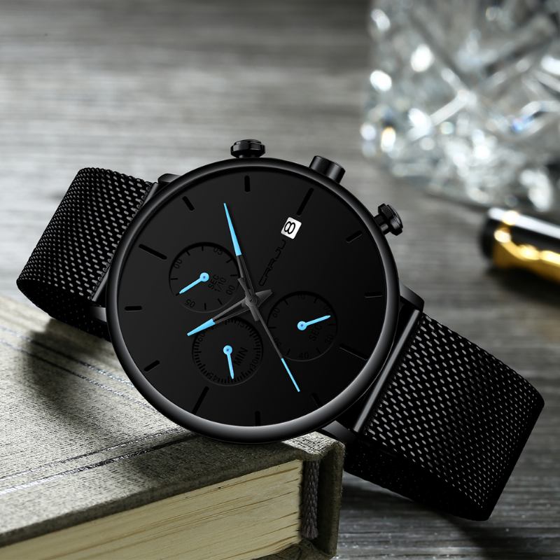 Män Full Mesh Stålband Mode Nål Dial Design Kalender Quartz Watch