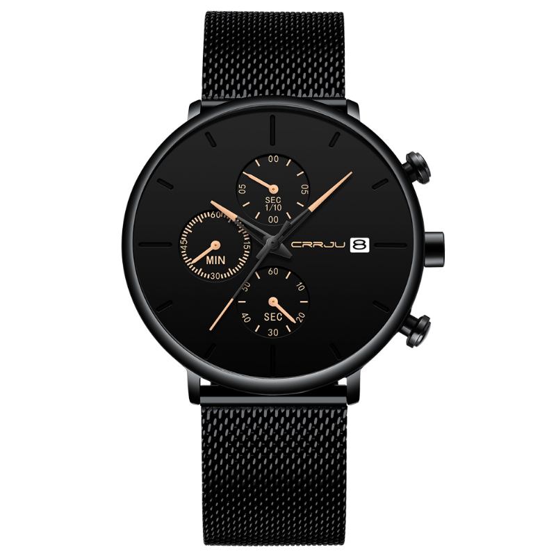 Män Full Mesh Stålband Mode Nål Dial Design Kalender Quartz Watch