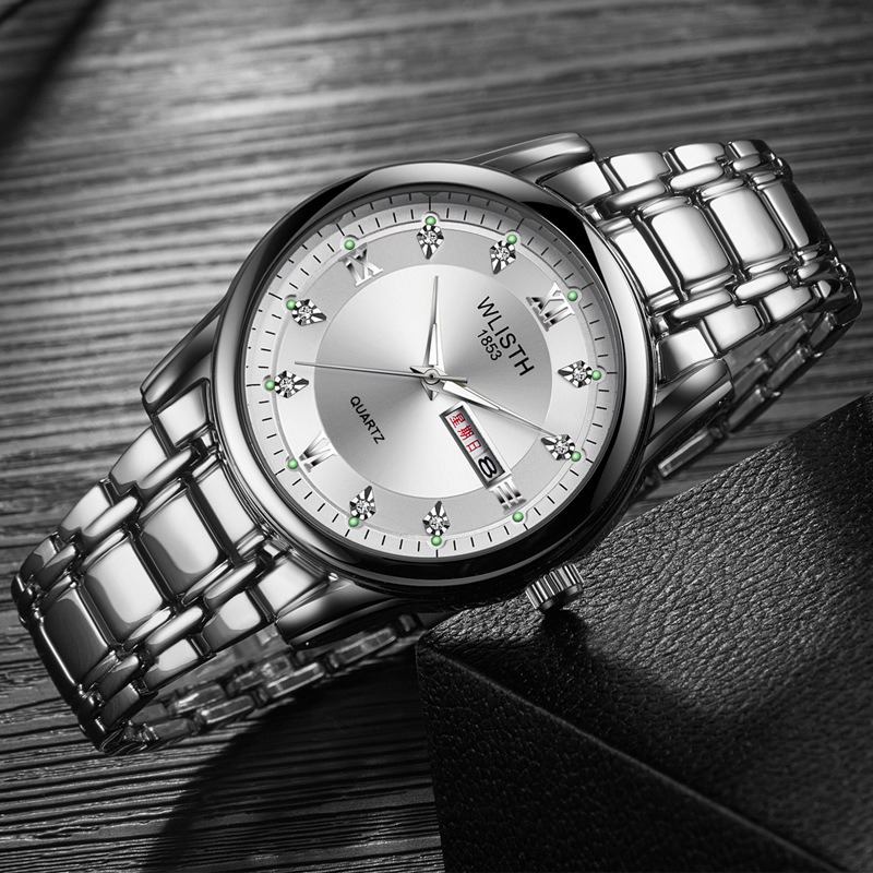 Män Full Steel Belt Quartz Watch Business Lysande Vattentät Calendar Casual Armbandsur