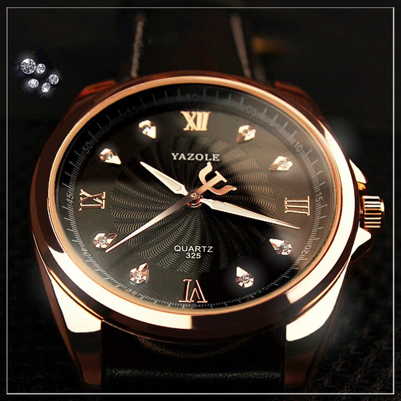 Män Kristall Rose Guld Fodral Läder Band Lysande Display Quartz Watch