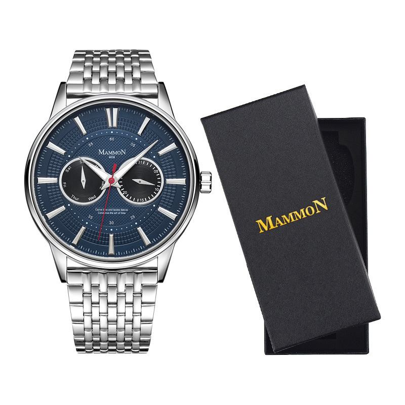 Mammon M038 Business Large Dial Luminous Pointer Week Calendar Display Steel Band 3atm Vattentät Herr Quartz Watch