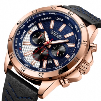 Military Chronograph Calendar Luminous Herr Armbandsur Läderrem Quartz Watch