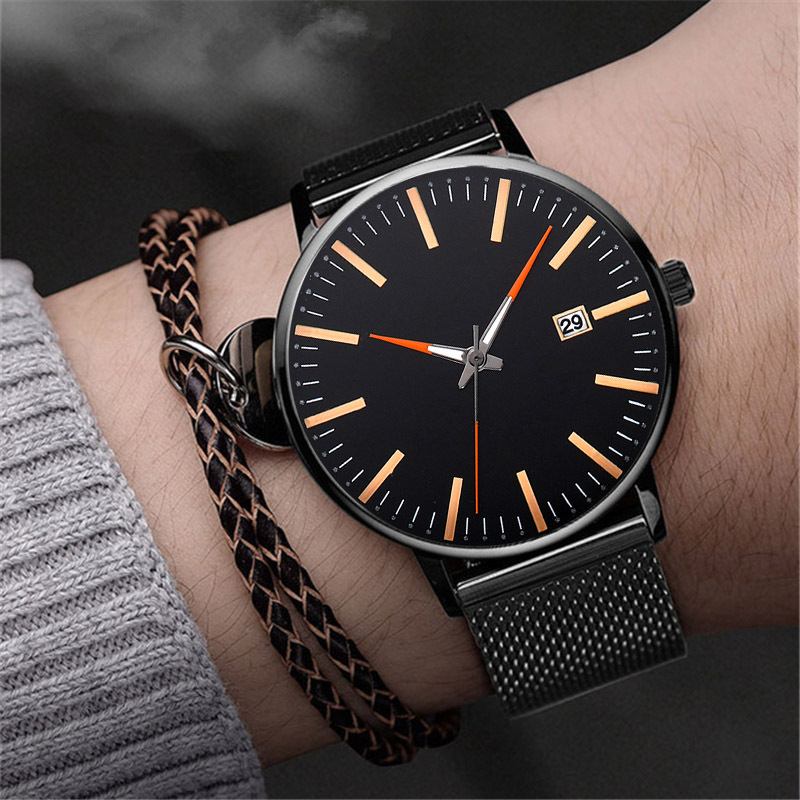 Mode Casual Herr Business Watch Dekorerad Strap Pointer Calendar Quartz Watch