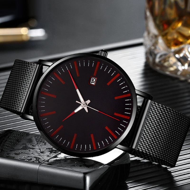 Mode Casual Herr Business Watch Dekorerad Strap Pointer Calendar Quartz Watch