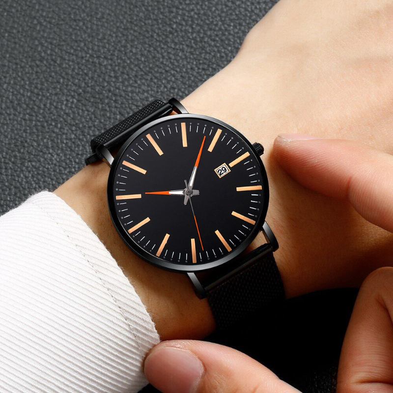 Mode Casual Herr Business Watch Dekorerad Strap Pointer Calendar Quartz Watch