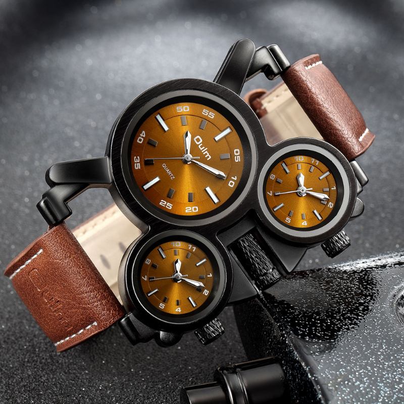 Mode Casual Läder Män Vintage Klocka Dekorerad Multi-time Zone Dial Luminous Pointers Quartz Watch