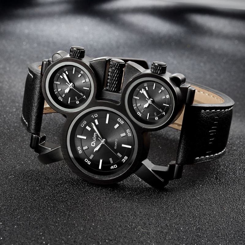 Mode Casual Läder Män Vintage Klocka Dekorerad Multi-time Zone Dial Luminous Pointers Quartz Watch