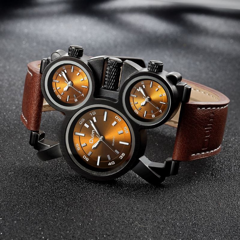 Mode Casual Läder Män Vintage Klocka Dekorerad Multi-time Zone Dial Luminous Pointers Quartz Watch