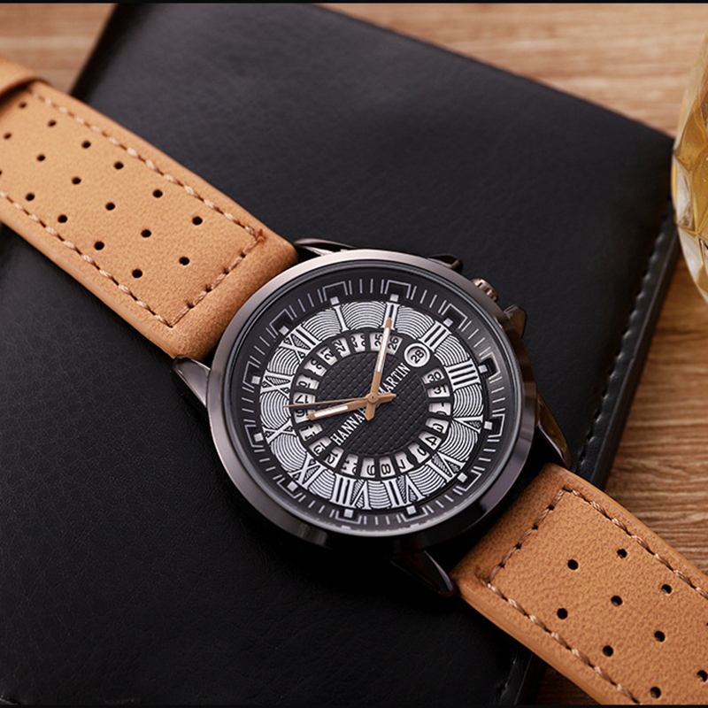 Mode Casual Romerska Siffror Creative Dial Date Display Läderrem Herr Quartz Watch