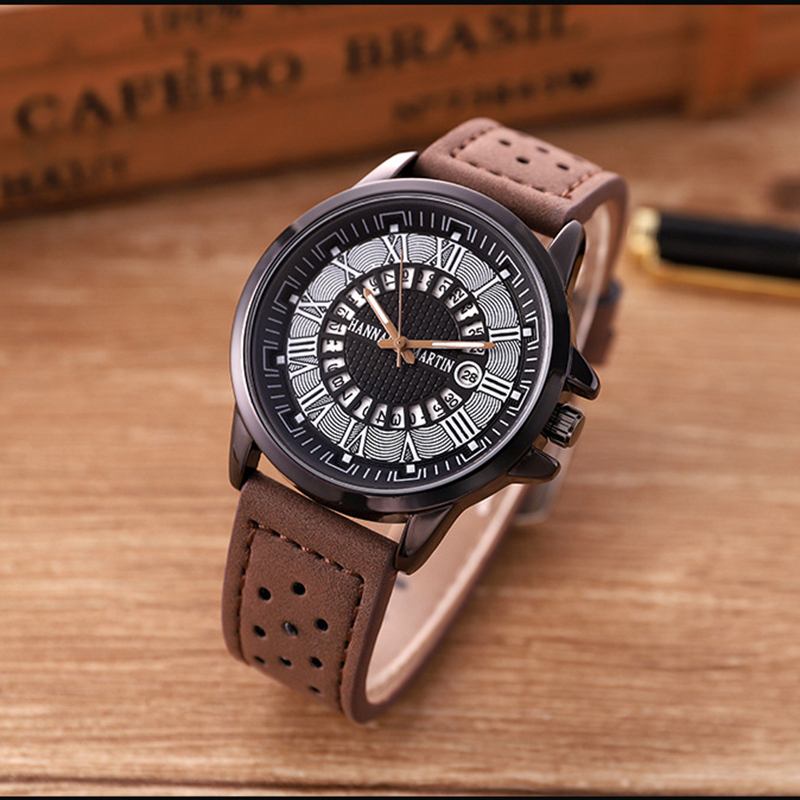 Mode Casual Romerska Siffror Creative Dial Date Display Läderrem Herr Quartz Watch