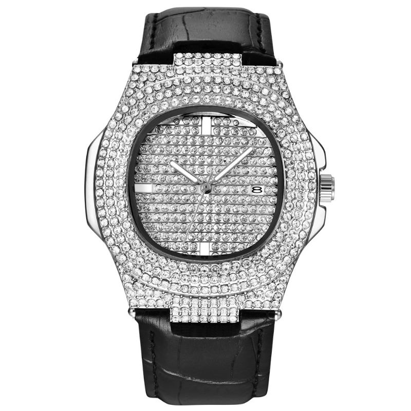 Mode Elegant Pu Läder Män Vintage Diamond Watch Bälte Quartz Watch