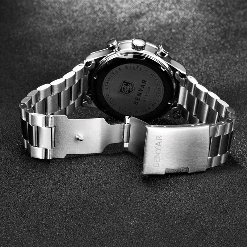 Mode Herrklocka Kronograf Vattentät Lysande Display Full Steel Quartz Watch