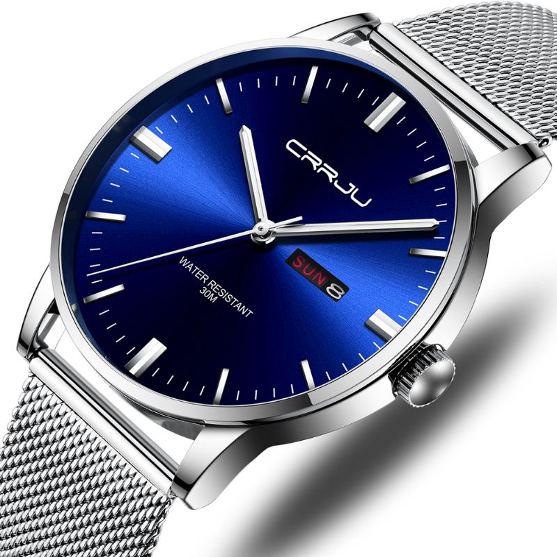 Mode Mesh Stål Datum Vecka Lysande Display Casual Enkel Urtavla Män Quartz Watch