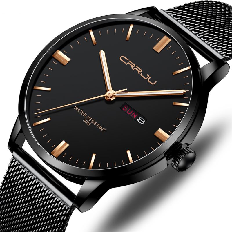 Mode Mesh Stål Datum Vecka Lysande Display Casual Enkel Urtavla Män Quartz Watch