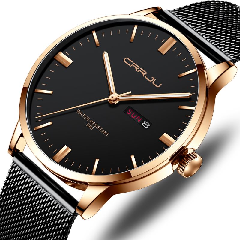 Mode Mesh Stål Datum Vecka Lysande Display Casual Enkel Urtavla Män Quartz Watch