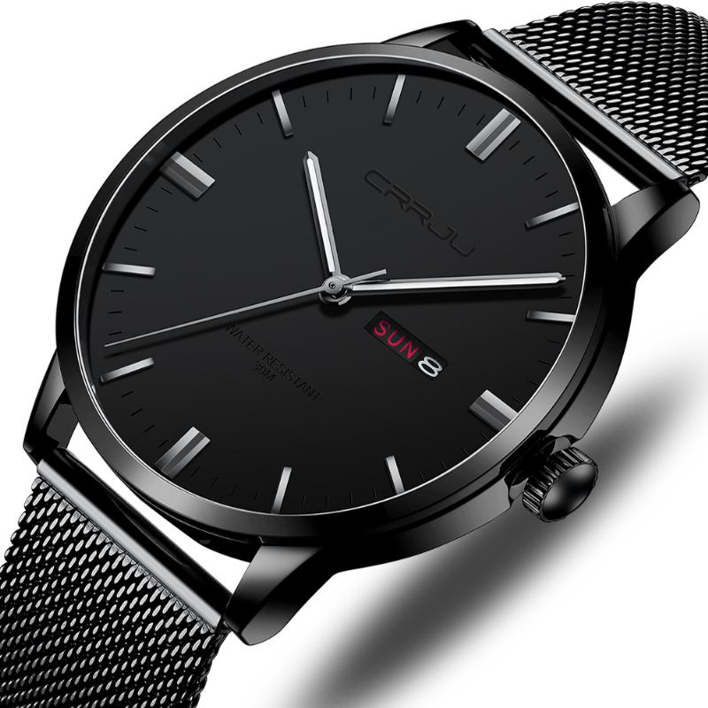 Mode Mesh Stål Datum Vecka Lysande Display Casual Enkel Urtavla Män Quartz Watch