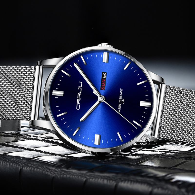 Mode Mesh Stål Datum Vecka Lysande Display Casual Enkel Urtavla Män Quartz Watch