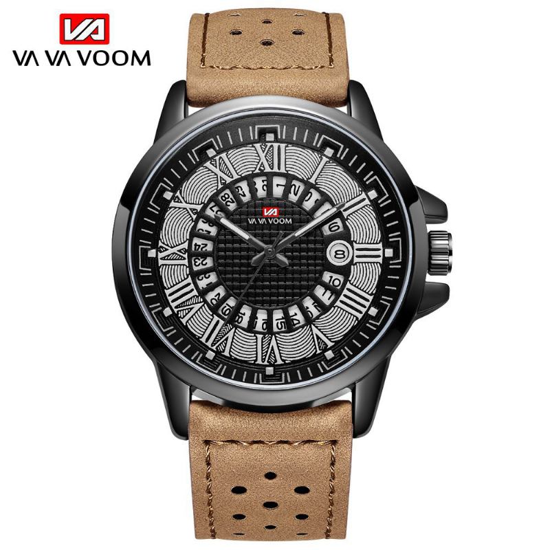 Roman Number Business Style Herr Armbandsur Vattentät Kalender Läder Band Quartz Watch