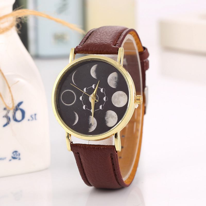 Solar Moon Phase Lunar Eclipse Unisex Watch Läderrem Quartz Watch För Dam Män