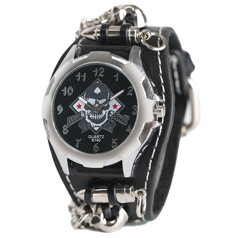 Vintage Fyrkantig Urtavla Herrklocka Hollow Skull Leather Quartz Watch