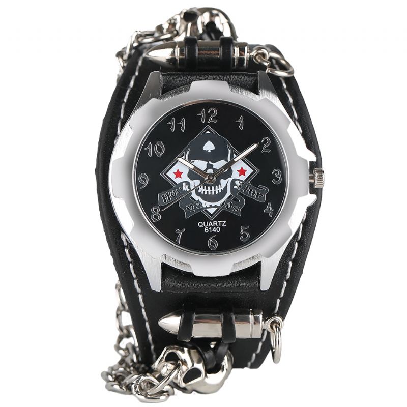 Vintage Fyrkantig Urtavla Herrklocka Hollow Skull Leather Quartz Watch