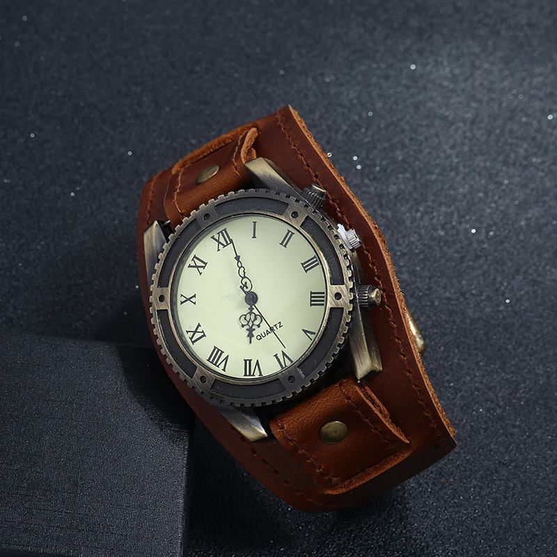 Vintage Ko Läder Armband Watch Justerbar Rem Romerska Siffror Män Quartz Watch