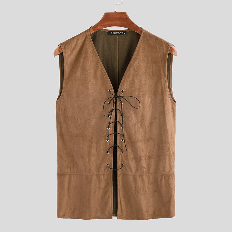 Herr Vintage V-hals Dragsko Enfärgad Casual Vest