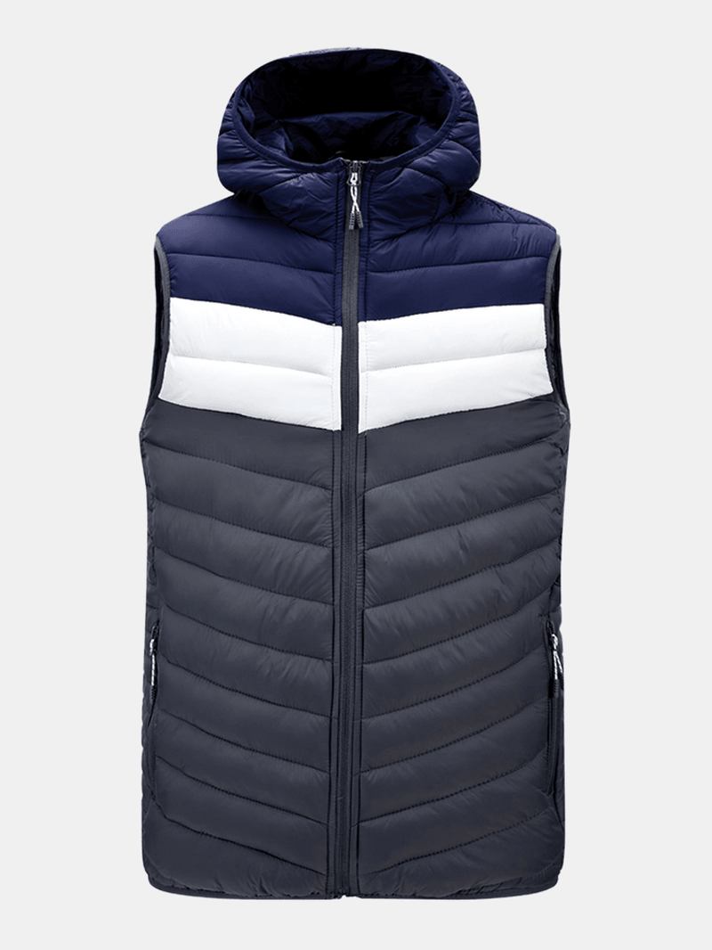 Män Patchwork Ärmlös Varm Dragkedja Hooded Vadderad Gilet-väst