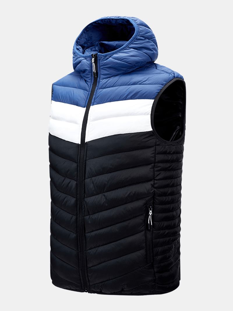 Män Patchwork Ärmlös Varm Dragkedja Hooded Vadderad Gilet-väst