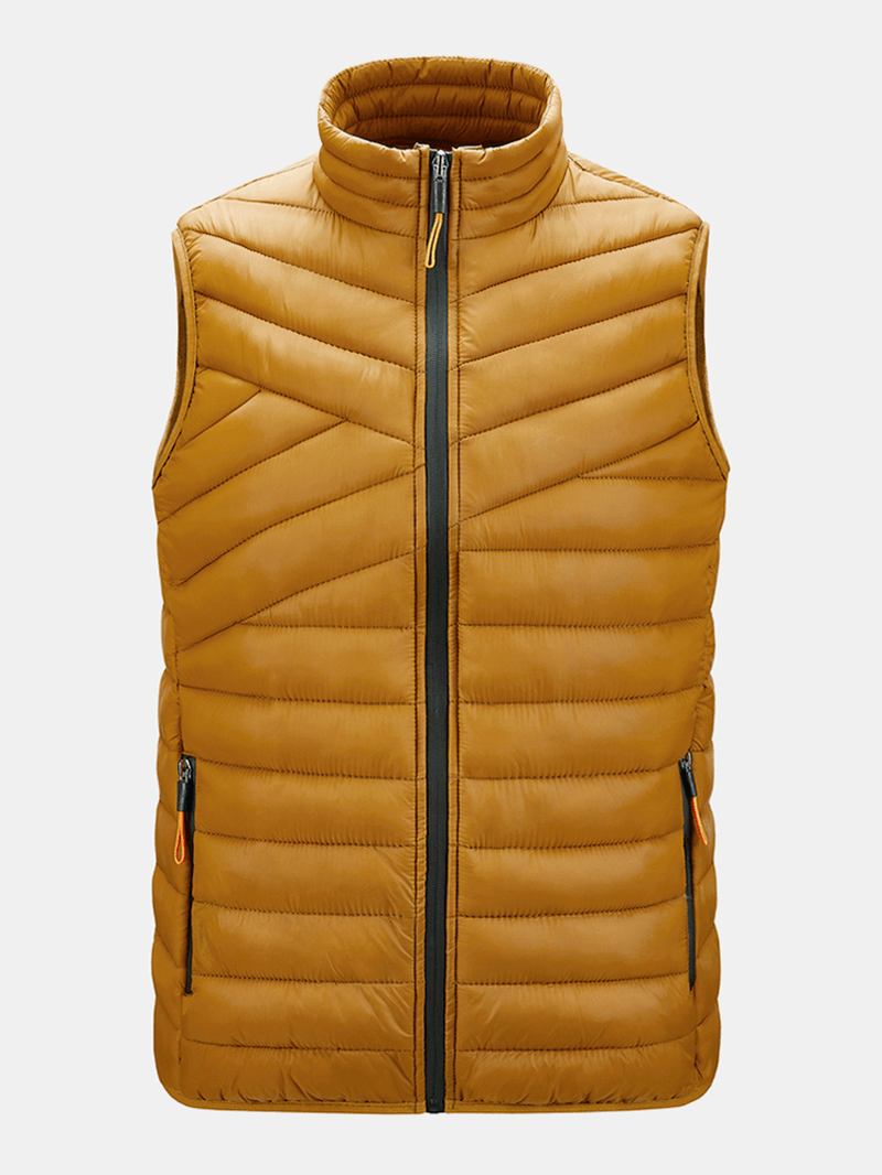 Solid Quilted Zip Front Ärmlösa Vadderade Västar För Män Med Welt-ficka