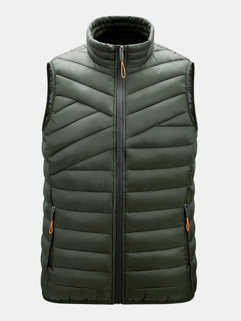 Solid Quilted Zip Front Ärmlösa Vadderade Västar För Män Med Welt-ficka