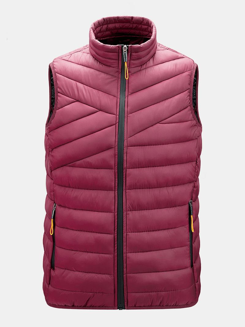 Solid Quilted Zip Front Ärmlösa Vadderade Västar För Män Med Welt-ficka