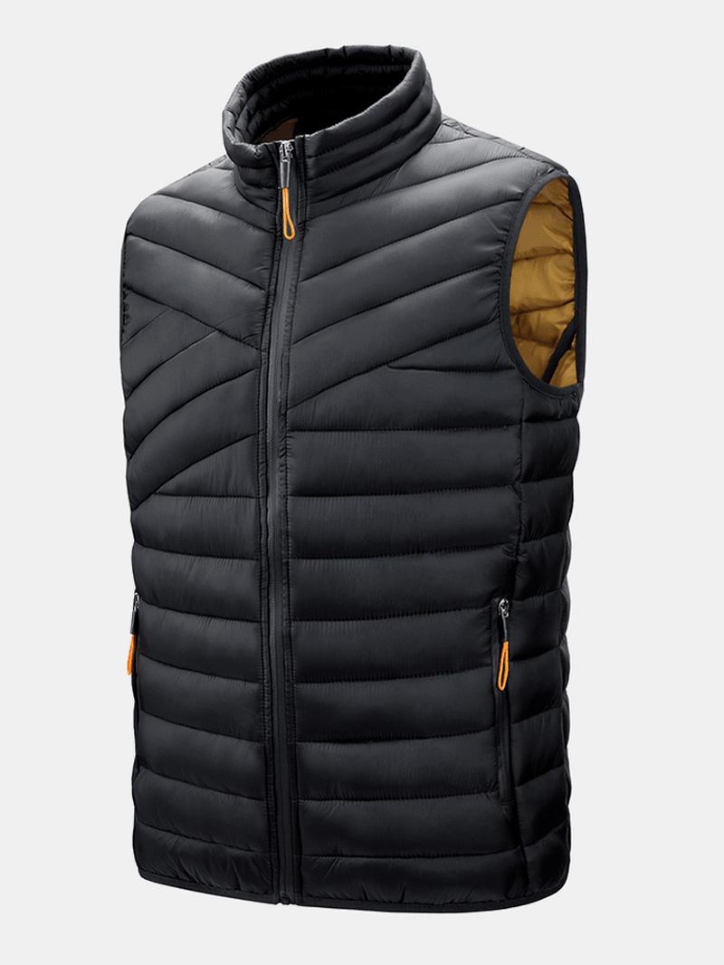 Solid Quilted Zip Front Ärmlösa Vadderade Västar För Män Med Welt-ficka