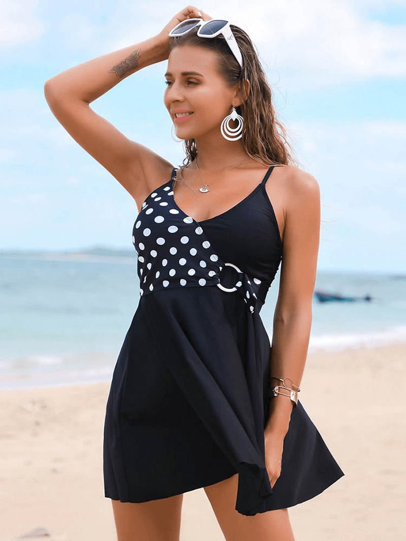 Geometrisk Polka Dot Patchwork Ring Trim Beach Swimdress