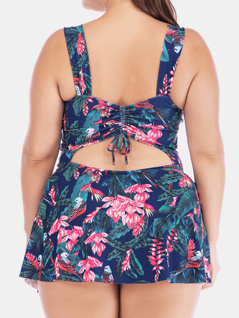 Plus Size Breda Remmar Dragsko Skydd Magen Blommig Badklänning