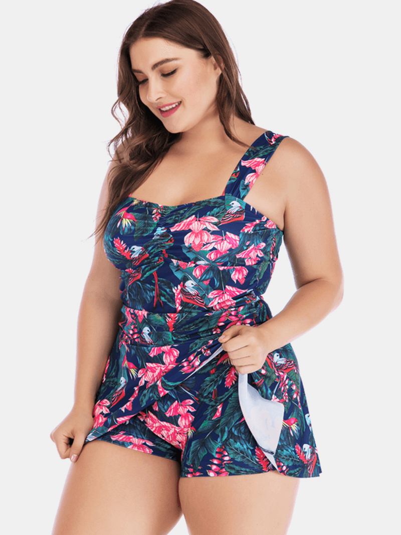 Plus Size Breda Remmar Dragsko Skydd Magen Blommig Badklänning