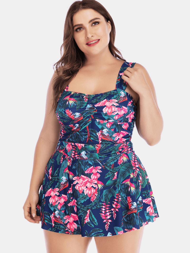 Plus Size Breda Remmar Dragsko Skydd Magen Blommig Badklänning